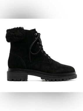 Lauren Ralph Lauren Carlee Black Suede Lace-Up Ankle Boots with Shearling Cuff